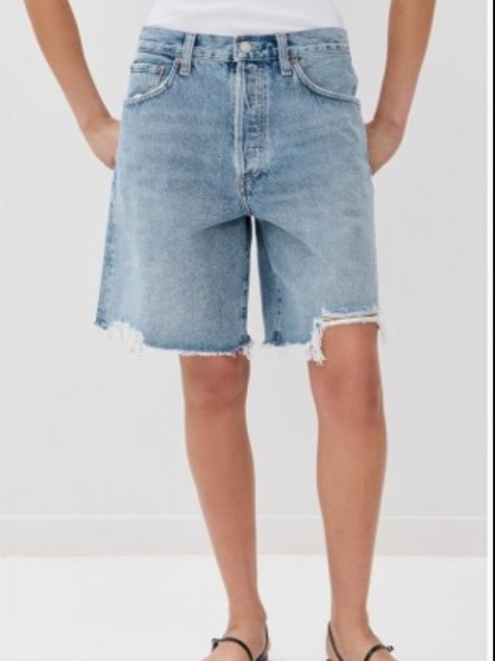 AGOLDE Indra Long Denim Shorts Medium Blue Wash Raw Hem Jorts 31 - Picture 3 of 9
